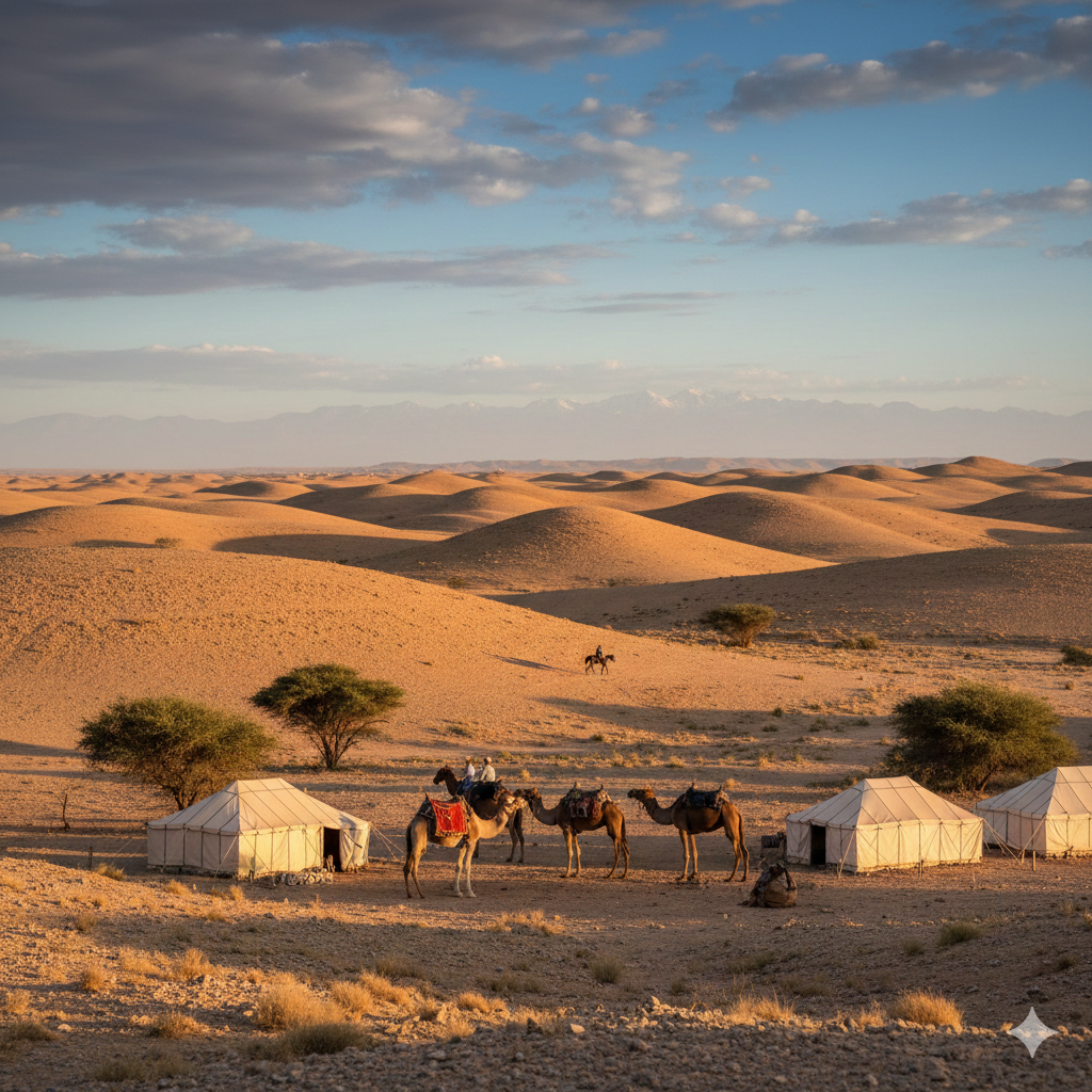 Paysage du désert d'Agafay au coucher du soleil